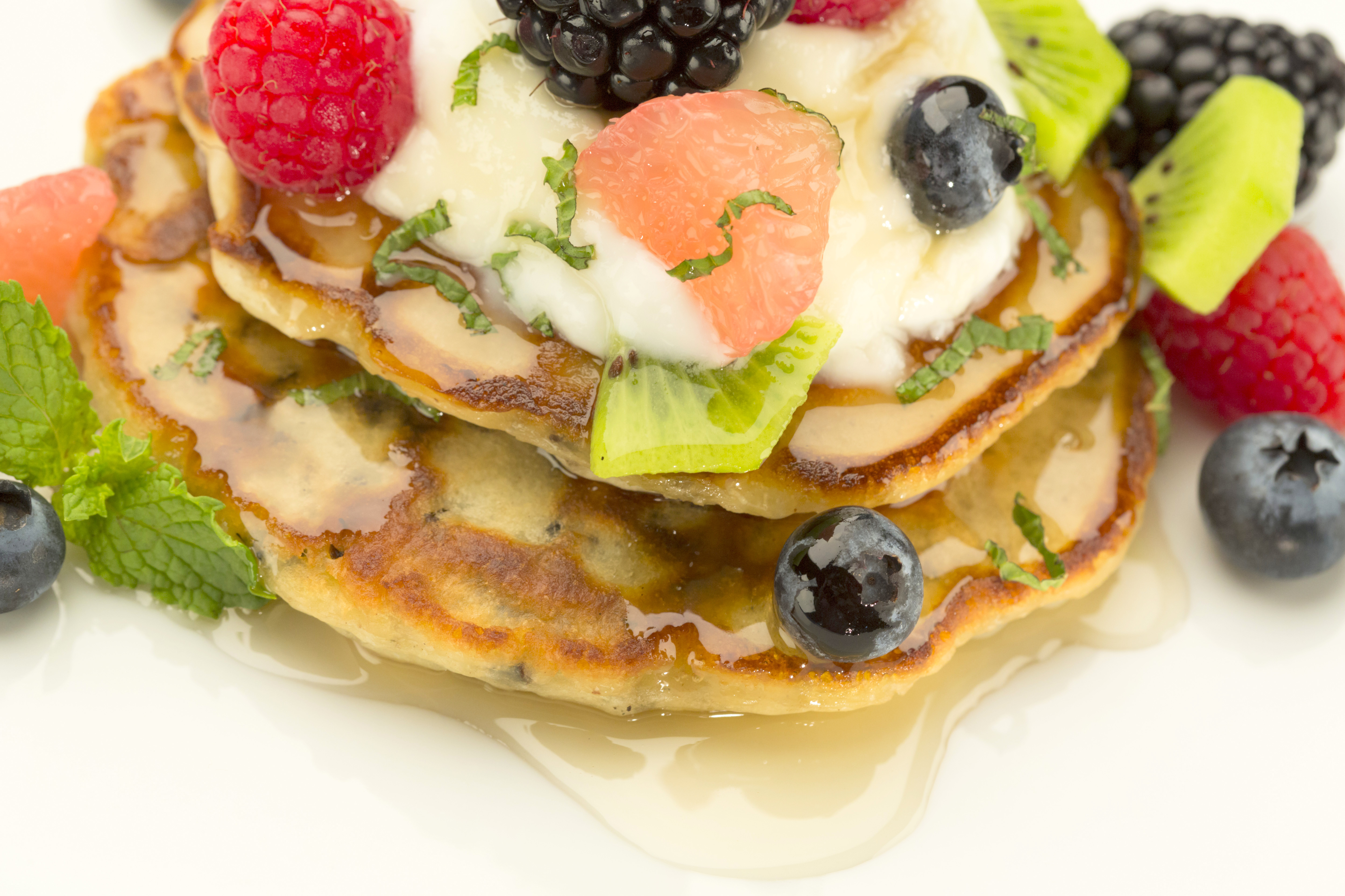 Wild Rice Griddle Cakes with Greek Yogurt, Mixed Fruits and Honey
