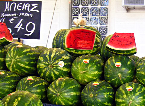 Watermelon stand in Piraeus, Greece. 