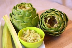 Trimmed artichokes, cleaned and diced stems.
