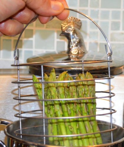 Blanching the asparagus.
