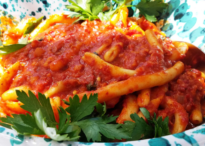 Handmade fileja pasta with 'nduja sauce. 