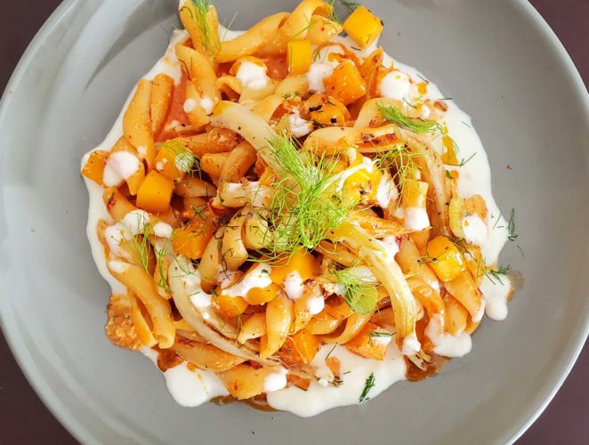 Autumn Inspired Trecce Pasta with Spicy ‘Nduja & Burrata Cream